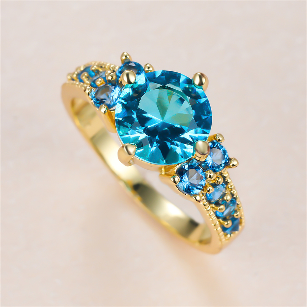 Birthstone Ring Set - 여성을위한 아쿠아 블루 크리스탈 라운드 스톤