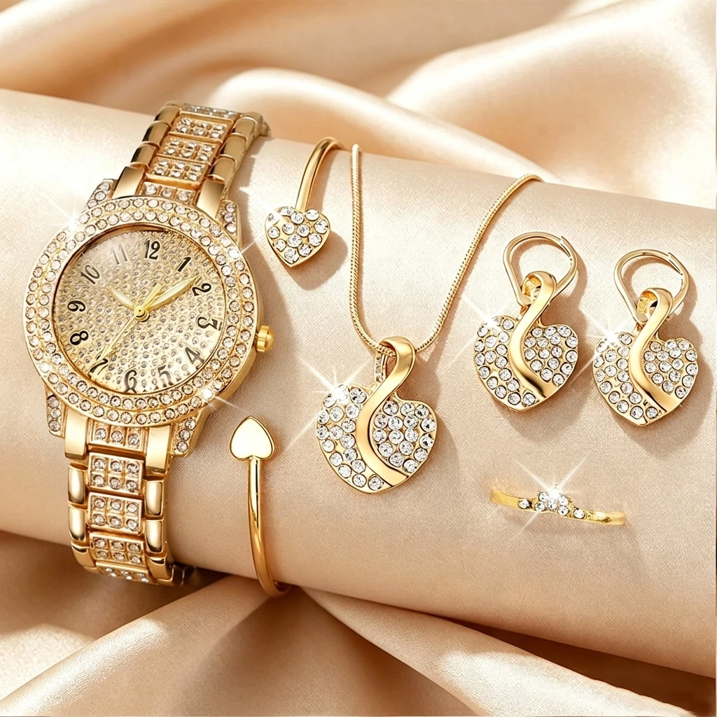 6종 패션 라인스톤 여성 시계 하트 쥬얼리 세트 고급  - Mystery Jewelry Jar Watches 리뷰 및 가격