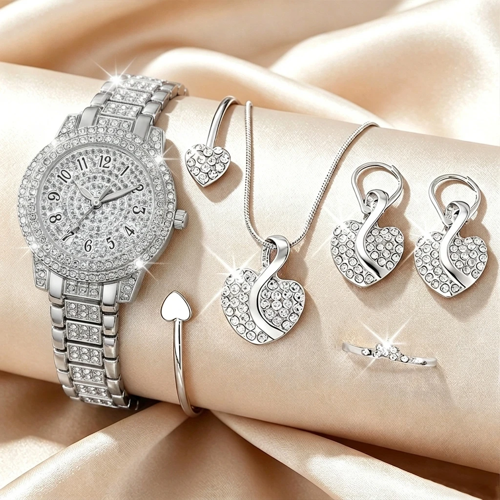 6종 패션 라인스톤 여성 시계 하트 쥬얼리 세트 고급  - Mystery Jewelry Jar Watches 리뷰 및 가격